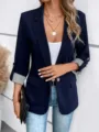 Navy blue women's casual blazer with 3/4 rolled striped sleeves and single button closure. - S / Navy Blue