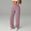 Pantaloni lunghi a gamba larga da donna vita alta con piega centrale ed elastico. - Taglia S / Blu grigiastro
