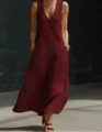 Wine red v-neck sleeveless button-down long dress, casual summer women vacation maxi dress. - Burgundy