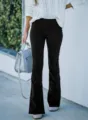 Women's high waist slim fit flare corduroy pants casual solid color trousers for spring - S / Black
