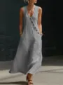 Casual sleeveless V-neck maxi dress with stylish button details, comfortable loose fit style. - Gray