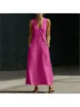 Women's Summer Sleeveless V-Neck Linen Long Dress Casual Button-Up Maxi Dress with Pockets - Rose Red