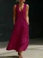 Magenta sleeveless V-neck button maxi dress casual summer chic boho style loose fit apparel - Rouge Red