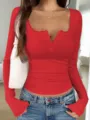 Femme haut rouge côtelé manches longues dentelle col V boutons mode casual chic topwear. - XS / Hauts / Rouge