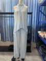 Sommer lässige einfarbige unregelmäßige ärmellose Oberteil und lange Hose Set für Damen - XS / Set / Hellblau
