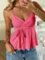 Pink V-neck camisole top with waist tie and wavy hem. Stylish sleeveless summer top. - S / Rose Red