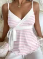 V-neck pink and white striped camisole featuring wrap waist tie and cute lettuce hem detail. - S / Pink Striped