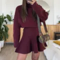 Wine red knit sweater and mini skirt set, casual long sleeve two-piece outfit for women. - S / Set / Burgundy
