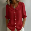 Rote Damen Sommer Bluse Kurzaermel Peter Pan Kragen Knopfleiste Freizeit Shirt Neu - S / Rot