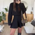 Women knit sweater and short skirt two piece set autumn winter casual chic long sleeve outfit - S / Set / Black