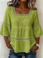 Mujer Verano Casual Cuello Cuadrado Lino Encaje Patchwork 3/4 Manga Lisa Blusa Top - S / Tops / Verde