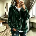 Green velvet hooded cardigan for women, casual long sleeve button up jacket detail. - Dark Green