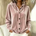 Modische Damen Rosa Samt Kapuze Cardigan Langarm Mit Knöpfen Casual Outwear Top - Rosa