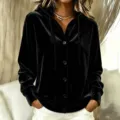 Damen schwarze Samt Kapuzenjacke lässige Langarm Knopfleiste Cardigan Herbst Mode Oberteil - S / Oberteile / Schwarz