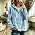 Women's casual solid color long sleeve hooded velvet cardigan jacket with buttons. - Light Blue