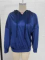 Detailed view of a solid color velvet hooded sweatshirt for women, long sleeve, cozy winter style. - S / Top (F55088) / Dark Blue