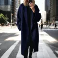 Women long navy blue wool coat oversized trench coat winter outerwear stylish fashion apparel - S / Navy Blue