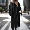 Women oversized wool trench coat winter long black overcoat street style apparel detail - S / Black