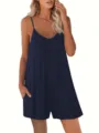 Detailed view of the sleeveless casual summer romper with spaghetti straps and side pockets. - S / Burgundy
