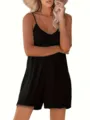 Close-up view of the black spaghetti strap romper, highlighting the relaxed daily style. - S / Black