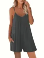 Women summer casual loose solid color spaghetti strap romper jumpsuit with pockets - S / Gray