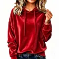 Sudadera con capucha de terciopelo rojo para mujer manga larga con cordón otoño invierno. - S / Top (F55088) / Rojo