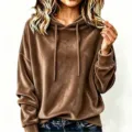 Brown velvet hoodie for women, long sleeve casual sweatshirt with drawstring and comfortable fit. - S / Top (F55088) / Coffee