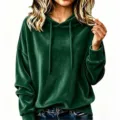 Solid dark green velvet long sleeve hoodie with comfortable drawstring and cozy fabric details. - S / Top (F55088) / Dark Green