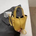 Yellow soft leather bucket bag for women, stylish minimalist handbag with top handle and strap. - No Pendant / Yellow