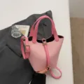Sweet pink soft leather bucket bag with lock charm, casual chic shoulder handbag for women. - No Pendant / Pink