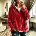 Women casual solid color velvet hooded cardigan long sleeve button up jacket autumn winter - Red