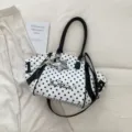 Women large capacity polka dot shoulder bag crossbody handbag casual tote bag for commute - White (With Heart Pendant)