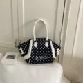 Black and white polka dot handbag with white leather handles and stylish side numbers variation. - Black without Pendant