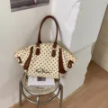 Stylish large capacity polka dot tote bag women commute shoulder handbag with leather handles. - Yellow & Coffee without Pendant