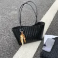Black Woven Tote Bag Leather Shoulder Bag Large Capacity Casual Daily Handbag with Bead Charm - With Charm / Black