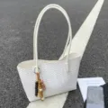 White woven tote bag for women, large capacity shoulder bag, simple commuter style. - With Charm / White
