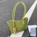 Green woven leather tote bag for women, large capacity minimalist shoulder bag with beads. - With Charm / Green