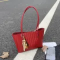 Red woven leather tote bag for women, large capacity stylish shoulder bag for daily work. - With Charm / Red