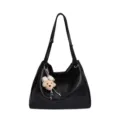 Femme grande capacité sac à épaule noir fourre-tout décontracté avec joli pendentif peluche - Noir avec Pendentif