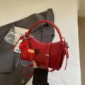 Chic red crescent hobo shoulder bag with cute horse charm, stylish PU leather handbag. - With Charm / Burgundy