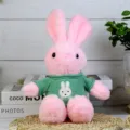 Cute pink plush rabbit toy wearing green knitted sweater, soft stuffed animal gift for kids. - Pink Rabbit in Green Clothes / 30cm