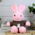 Detailed view of cute pink plush rabbit toy wearing brown knitted sweater with lovely rabbit patch. - Pink Rabbit (Coffee) / 30cm