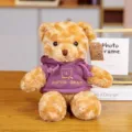 Cute plush teddy bear wearing purple hoodie, soft stuffed animal doll toy detail view gift. - Brown Bear in Purple Hoodie