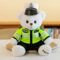 Police teddy bear plush toy wearing high visibility traffic uniform and cap, detailed shot. - White Rabbit Fur Traffic Police Teddy Bear
