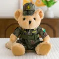 Detailed view of a cute plush teddy bear wearing a camouflage military uniform and matching cap. - Bear in Camouflage Uniform