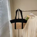 Borsa tote intrecciata in paglia nera, grande borsa estiva da spiaggia e lavoro per donna. - Nero