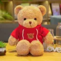 Lindo oso de peluche marrón con sudadera con capucha roja,muñeca suave para regalo. - Sudadera con capucha de alga roja