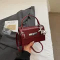 Women Wine Red Structured Shoulder Bag PU Leather Trendy Top Handle Crossbody Handbag - With Charm / Ankara Red