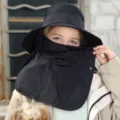 Black sun hat with face mask and neck flap, breathable UV protection for outdoor summer use. - Black