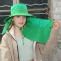 Green sun hat with neck flap, breathable mesh bucket hat for outdoor UV protection and hiking. - Green Wheat Seedlings